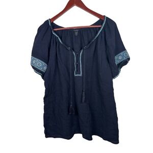 J.Crew Peasant Top Women Medium Navy Blue Embroidered Tassel Cotton Gauze 60075
